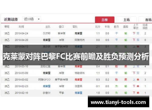 克莱蒙对阵巴黎FC比赛前瞻及胜负预测分析